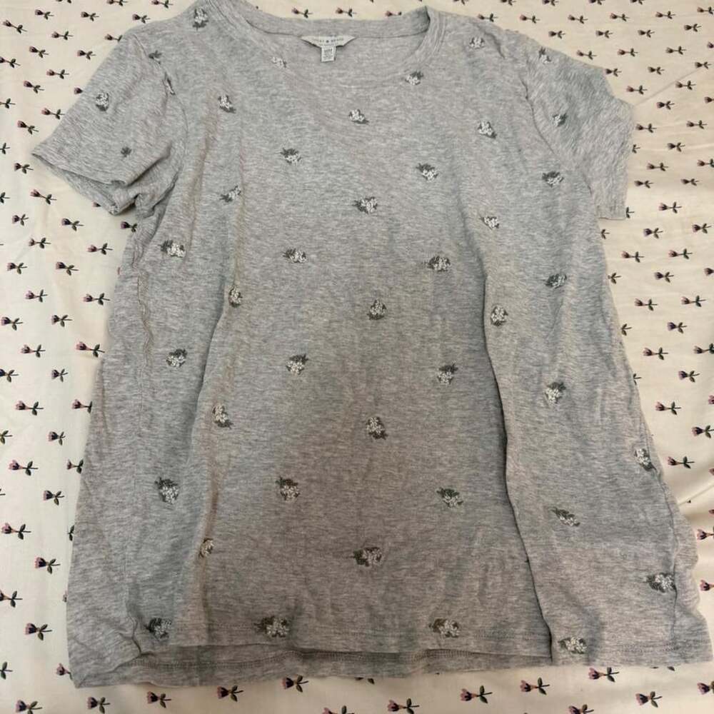 Lucky Brand Gray Floral Embroidered T-Shirt